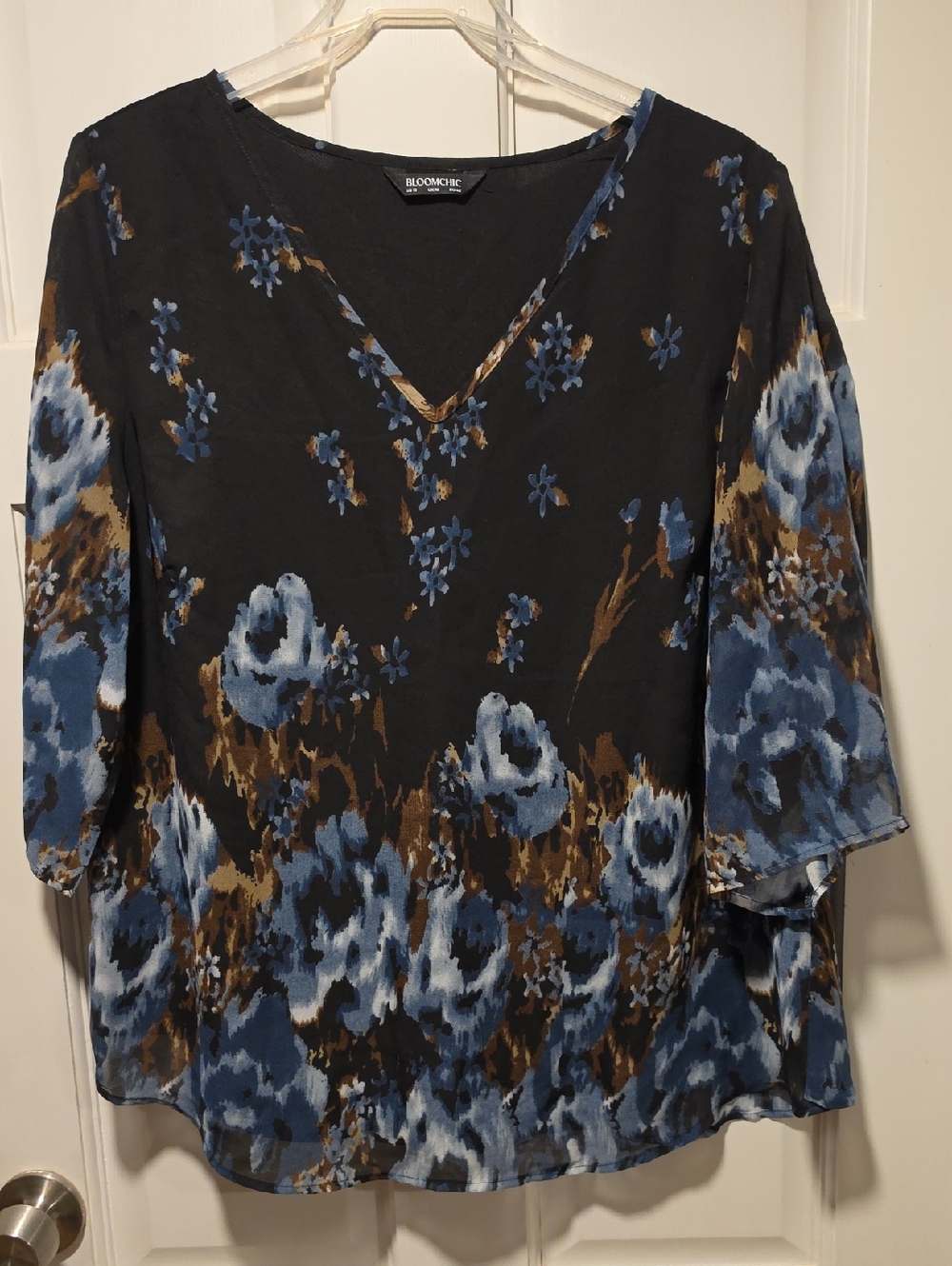 BloomChic Black V-Neck Floral Tunic with Blue and Brown Accents